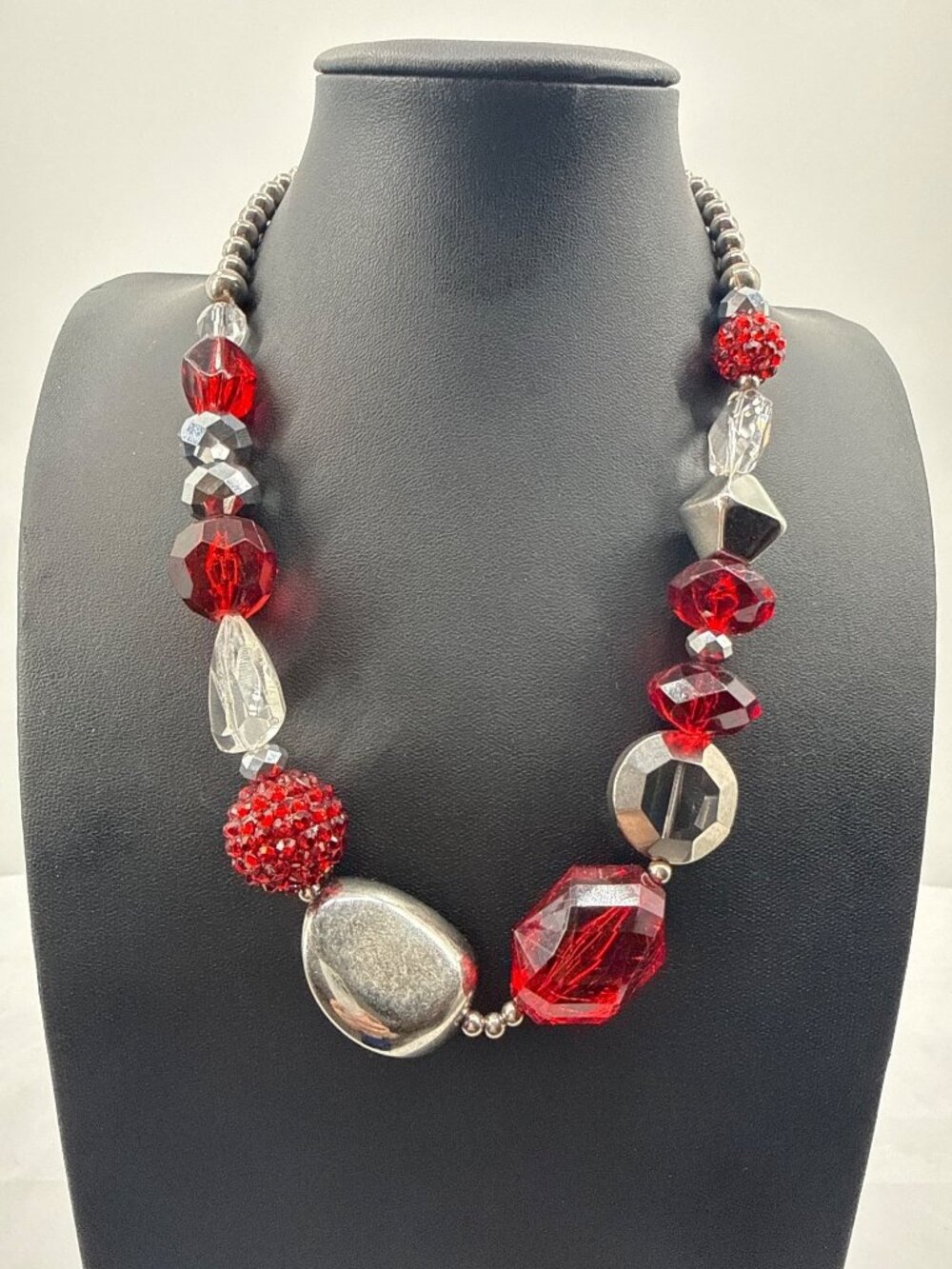Chunky Red Silver Bead Statement Necklace Costume Ruby Glass Style Geometric